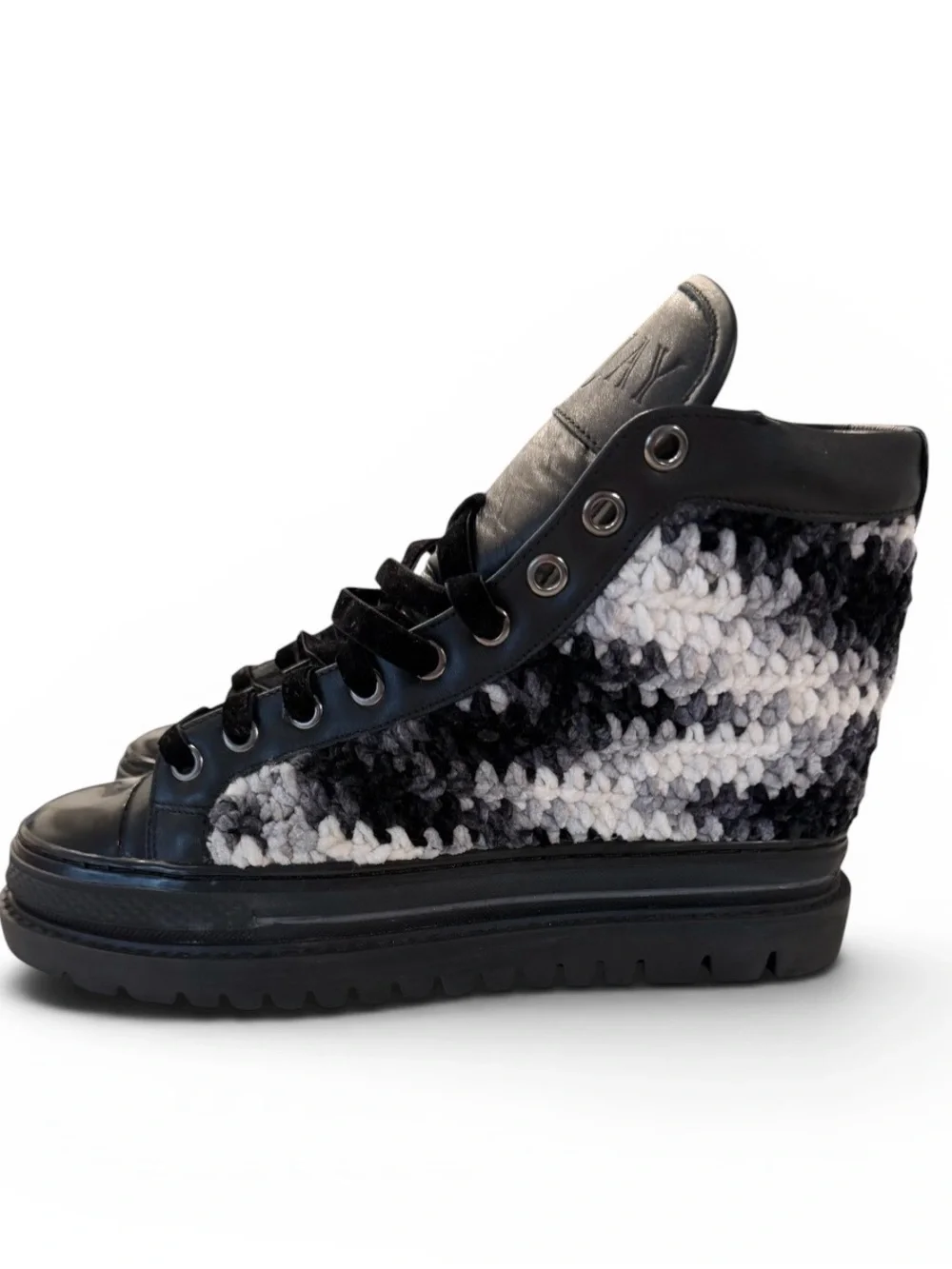 Krojay Onyx Women's Handmade Crochet & Leather High-Top Platform Sneakers Size10